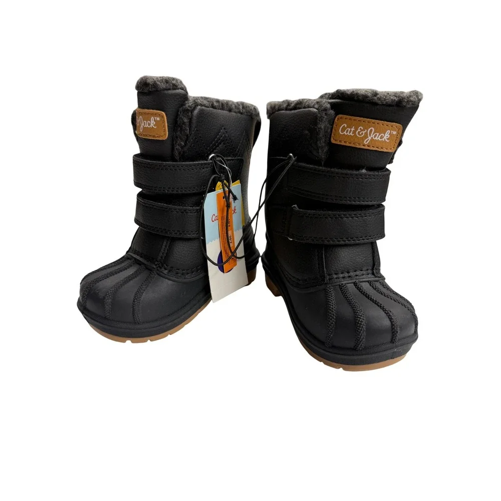 Cat & Jack Toddler Boys Black Winter Duck Boots Faux Fur Lined Size 6 NWT